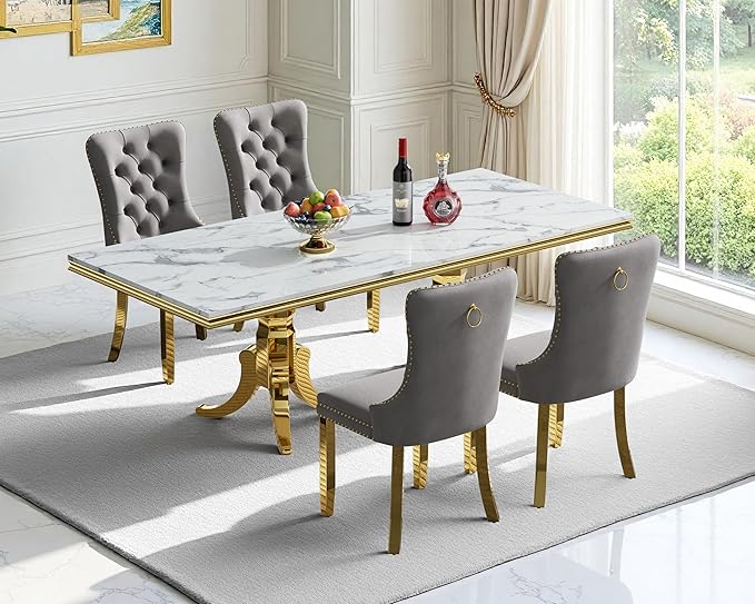Goujxcy Faux Marble Dining Table Set for 4, Modern 5-Piece Dining Table Set with 4 Velvet Upholstered Chairs, 70" Large Long Faux Marble Kitchen Dining Room Table and Chairs with Stainless Steel Legs