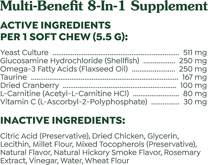 Greenies Dog Supplements 8-in-1 Multi-Benefit Chicken Flavor, 15.5 oz. Container, 80 Count