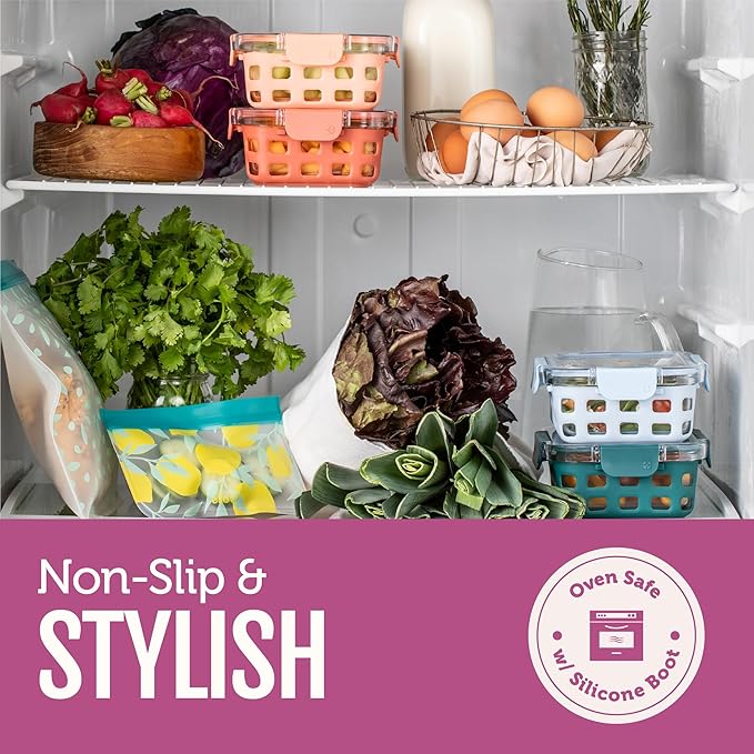 Ello Duraglass 3.4 Cup Meal Prep Sets 10Pc, 5 Pack Set- Glass Food Storage Container with Silicone Sleeve and Airtight BPA-Free Plastic Lids, Dishwasher, Microwave, and Freezer Safe, Evening Orchard