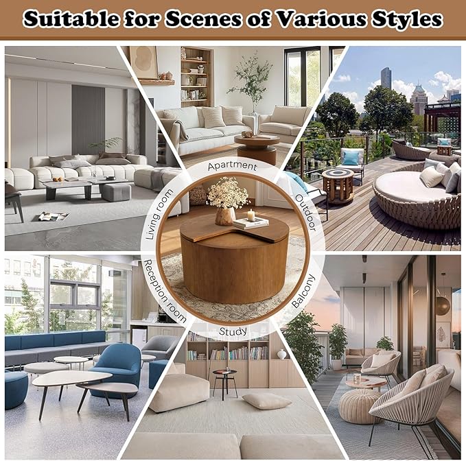 Round Coffee Table with Storage for Living Room 27.16" Small Brown Wood Tea Table Mid Century Modern Coffee Table Rustic Boho Coffee Table Circle Sofa Side Table for Small Space (Circle Brown)