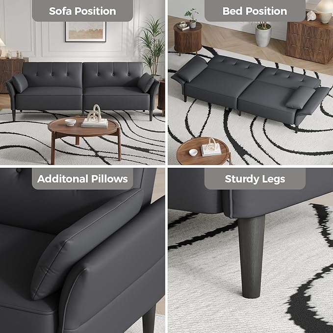 89” Futon Sofa Bed,Futon Couch Bed with 2 Square Pillows,Convertible Sleeper Sofa with Adjustable Backrest& Armrests, Modern Loveseat Sleeper for Living Room, Bedroom,Faux Leather Dark Gray