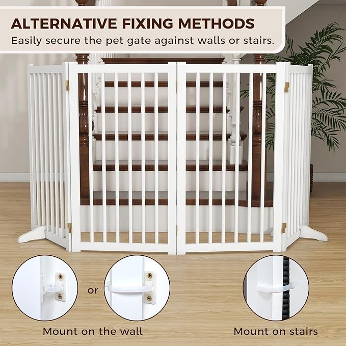 36" H Freestanding Pet Gate, Solid Wood Foldable Dog Gate with Support Feet, Wooden Tall Dog Gate for Doorway, Stairs & Indoor Use, 60" Wide Expandable Pet Fence, 4 Panels, White