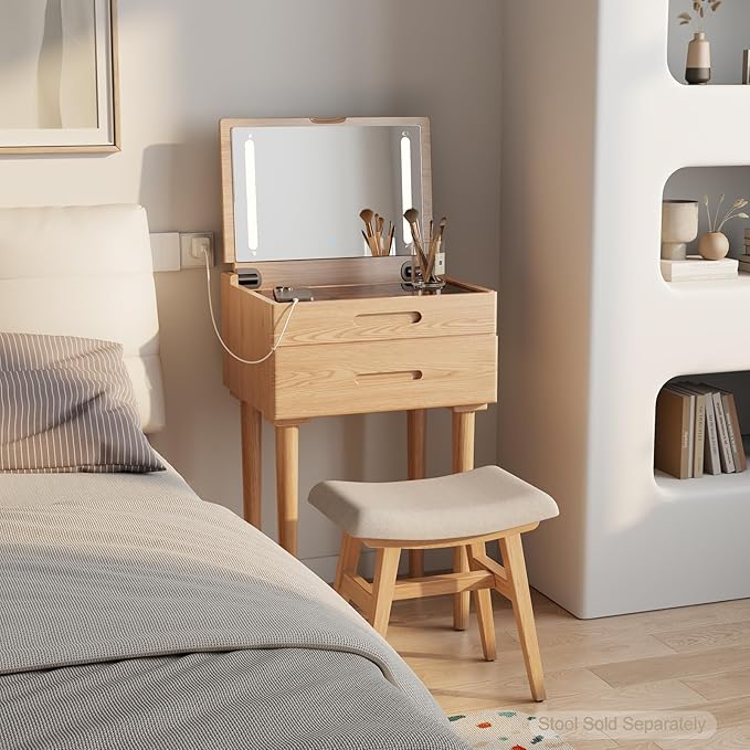 Solid Wood Small Vanity Desk with Mirror and Lights, Narrow Makeup Vanity for Small Space, Flip Top Vanity Side Table, 3 Color Modes & Adjustable Brightness, 19.6" Slim Dressing Table, Natural