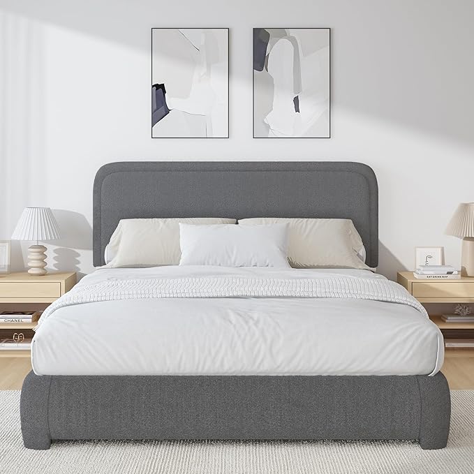 BarnFurin Full Size Bed Frame, Upholstered Platform Bed with Headboard, Boucle Soft and Cloud Bed Frame, Modern Style, No Box Spring Required, Easy Assembly, Dark Grey