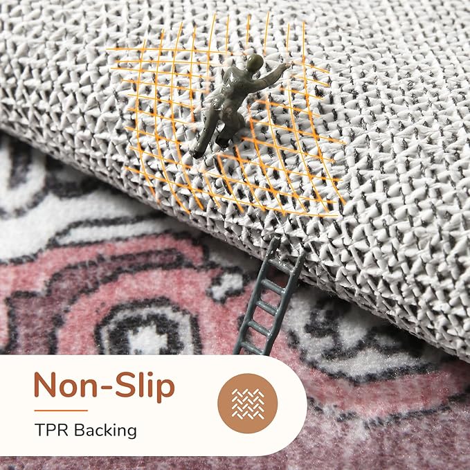 OPPODREAM Thin Area Rugs 4x6, Low-Pile Washable Rugs 4x6 with Non Slip Backing, Faux Cashmere 4 x 6 Throw Carpet, Pink & Cream