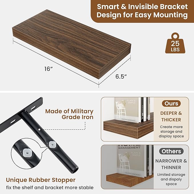 fuqing Floating Shelves for Wall, Wall Mounted Wood Floating Shelf with Invisible Brackets for Living Room, Bathroom, Bedroom, Kitchen Storage and Decor, 16 Inch Set of 2, Walnut