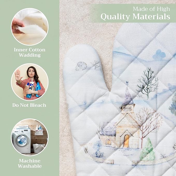 Maison d' Hermine Oven Gloves 100% Cotton Oven Mitt 7" x 13" with Loop Heat Resistant BBQ Cooking Gloves for Thanksgiving Christmas Decorations Baking Handling Hot Pans (Pack of 1, Snowy World)