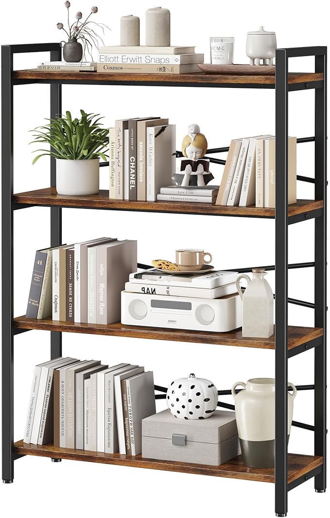 4 Tier Bookshelf 31.49" Width, Book Organizers and Storage, Wood and Metal Tall Bookcase, Rustic Book Shelf Organization and Storage for Home Living Room Bedroom Office Storage(Rustic Brown)