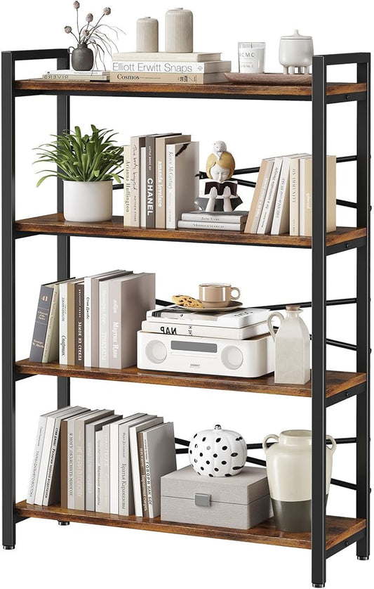 4 Tier Bookshelf 31.49" Width, Book Organizers and Storage, Wood and Metal Tall Bookcase, Rustic Book Shelf Organization and Storage for Home Living Room Bedroom Office Storage(Rustic Brown)
