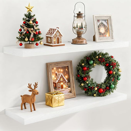 40 Inch Floating Shelves for Wall, 9.3 Inch Deep Shelves for Books & Decor, Wall-Mounted Floating Shelf 40 Inch Long Set of 2, Rustic Wooden Shelf for Living Room, Bedroom, Kitchen, White