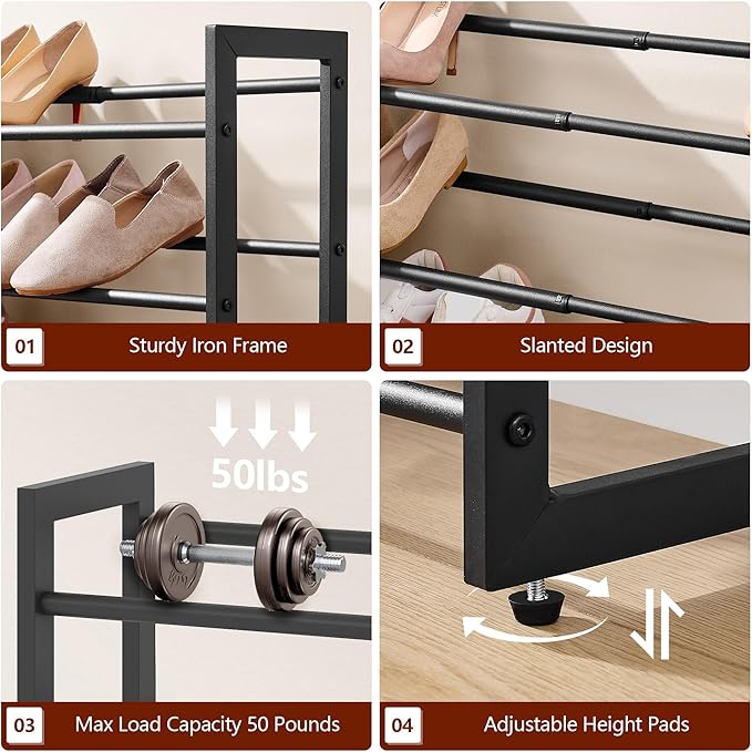 FAVOOSTY 4-Tier Expandable Shoe Rack, Adjustable Shoe Shelf Storage Organizer Space Saving Metal Free Standing Shoe Rack for Entryway Closet Doorway, Black
