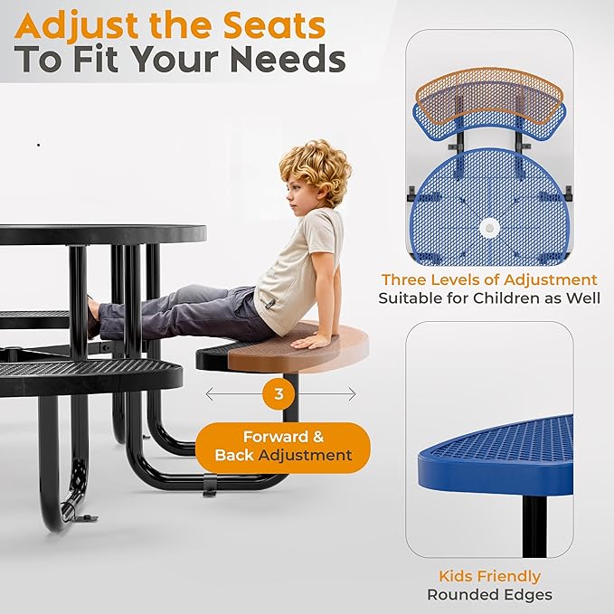 Metal Picnic Tables for Outdoors with Umbrella Hole - Coated Steel Heavy Duty Commercial Grade Furniture Set with Adjustable Seats (Blue, 38 in, Round, Expanded Steel)