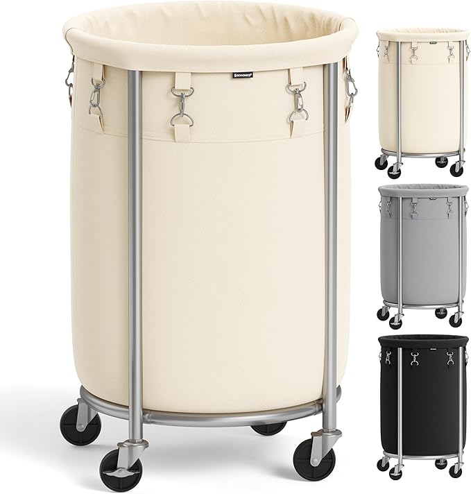 SONGMICS 18.5-Gallon (70 L) Laundry Basket with Wheels, Rolling Round Heavy-Duty Laundry Hamper Cart with Steel Frame and Removable Bag, 2 Locking Wheels, Cream White and Metallic Silver URLS006W01