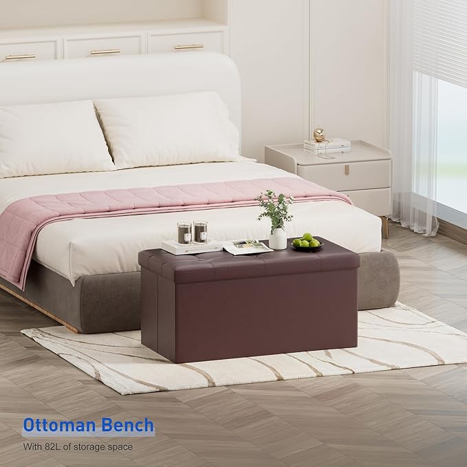 BRIAN & DANY 30 Inches Storage Ottoman Bench, Faux Leather Ottoman with Storage, Folding Bench Shoe, Foot Rest Stool, for Living Room, Brown