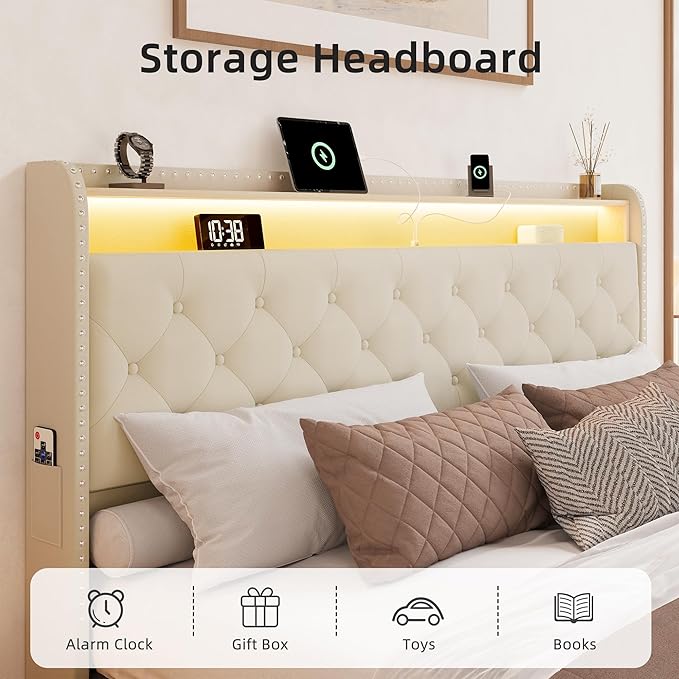 BRELTAM Queen Size Bed Frame with 4 Storage Drawers Platform Bed with Headboard,Upholstered Velve Tufed Bed Frame&LED Light and Charging Station,Heavy Duty Wood Slats,Noise Free,Easy Assembly,Beige