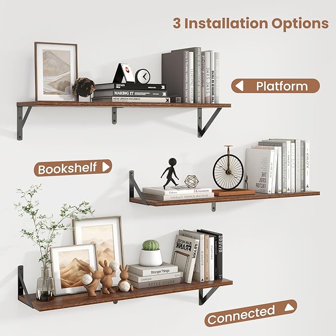 Axeman 32 Inch Floating Shelves | 8 Inch Deep Walnut Wall Shelves Set of 2 | 31.5W x 8D Rustic Wood Shelves for Bookshelf Living Room Bedroom Home Office Bathroom