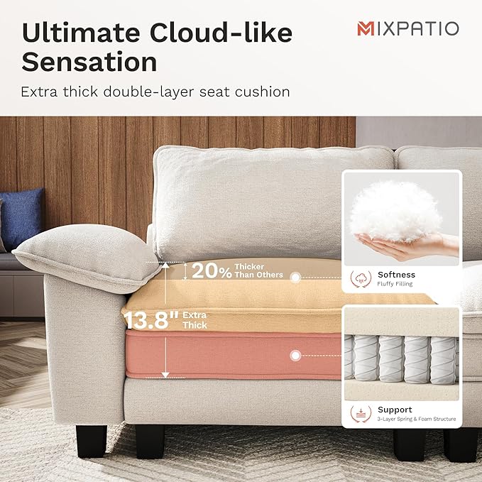 Cloud Couch Sectional Sofa Set, Plush 24.4-Inch Deep 5-Seat Sectional with Velvety Chenille & Removable Arms for Living Room and Apartment, Beige