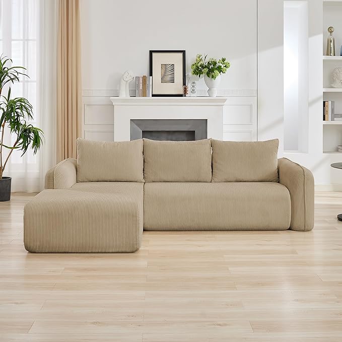 103'' Boneless Corduroy L Shaped Couch, 3 Seat Modular Sectional Deep Seat Sofa with Chaise Lounge, No Assembly Cloud Lounge Sleeper Sofa, Camel