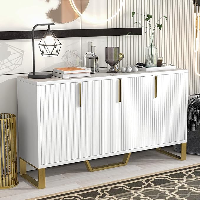 Modern Elegant Sideboard Buffet Large Storage Cabinet with Gold Metal Legs&Handles and Adjustable Shelf, 60'' Classic Console Table Sofa Table Entryway Table for Living Room Kitchen (White-60'')