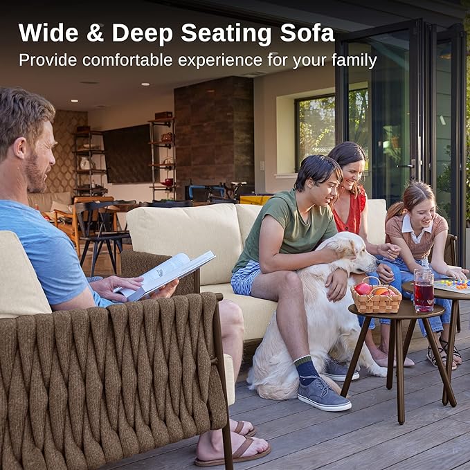 EAST OAK Life Chatter Patio Furniture Set 5 Pieces, Outdoor Furniture 5-Seat Sofa with Two Round Coffee Table, Waterproof Thick Cushion Deep Seating for Porch, Balcony, Chestnut Brown & Creamy Apricot