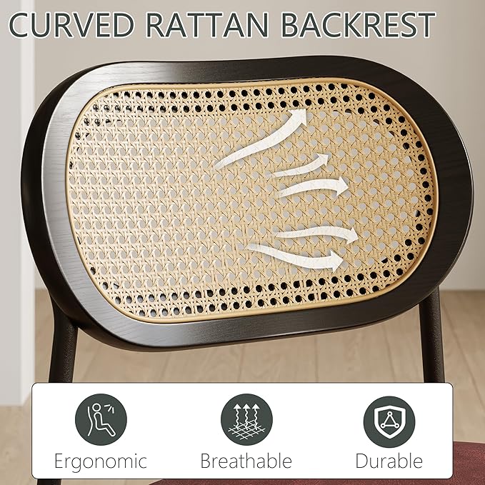 Rattan Dining Chairs Set of 2, Wine Leather Upholstered Dining Chairs with Rattan Cane Back, Mid Century Modern Dining Room Chairs with Black Metal Legs & D-Shaped Thicken Cushion, Wine