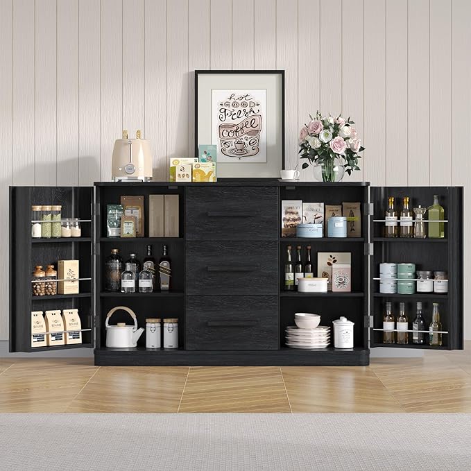 ONBRILL 47" Curved Buffet Cabinet with Storage and 3 Drawers, Large Sideboard Buffet Storage Cabinet with 2 Doors, Modern Coffee Bar Table for Dining Room, Living Room, Entryway (Black)