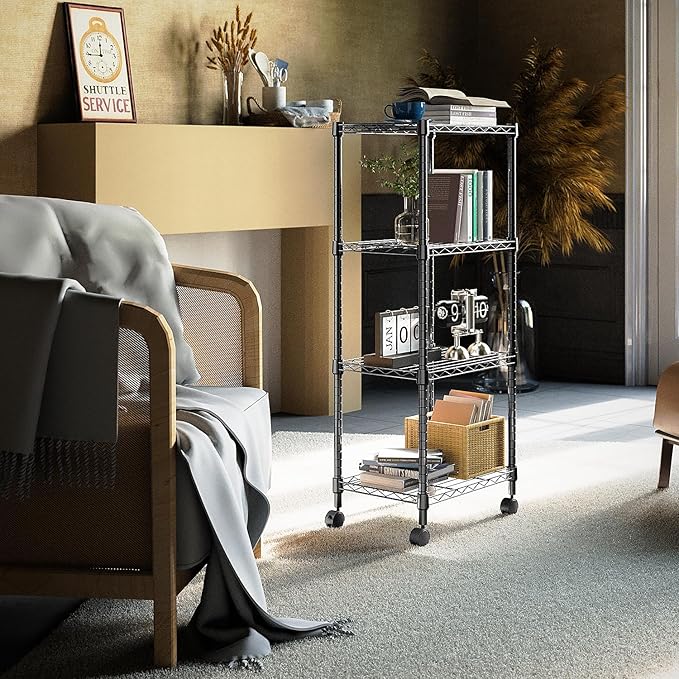 4-Shelf Adjustable Heavy Duty Steel Wire Rack, Adjustable Storage Shelving Unit with Wheel for Kitchen, Garage, Laundry Black 11.8" D x 17.7" W x 40.8" H
