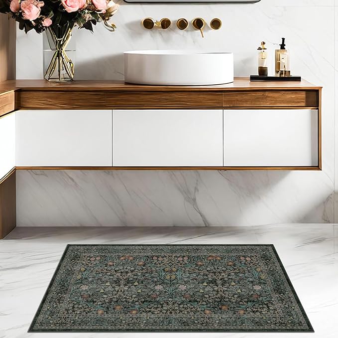 Dark Green Washable Entry Rug - Front Door Throw Rugs Indoor, Non-Slip Bathroom Small Rugs, Vintage Floral Thin Rug for Kitchen, Boho Entryway Décor (2x3 Dark Green)