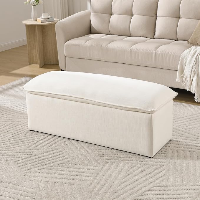 45.5 Inch Storage Ottoman Bench, Modern Upholstered Linen End of Bed Bench with 2 Safety Hinge, Entryway Bench with Seating for Bedroom Living Room, Beige