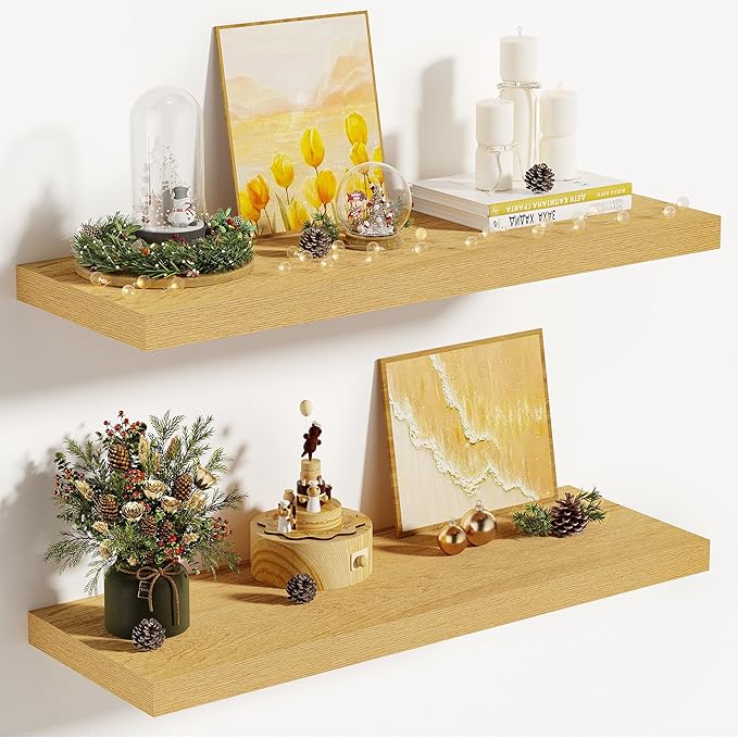 Vivelove 10" Deep Floating Shelves Over Toilet, 24" Wall Shelves for Bathroom Bedroom Kitchen Living Room Laundry Room, Modern Rustic Shelves for Home Decor, 24"x10.2"x1.5", Set of 2, Oak
