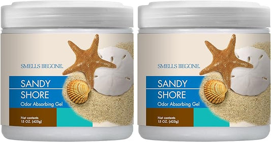 SMELLS BEGONE Air Freshener Odor Absorber Gel - 15 oz, Pack of 2 - Absorbs and Eliminates Odor in Pet Areas, Bathrooms, Cars, & Boats - Made with Essential Oils - Sandy Shore Scent