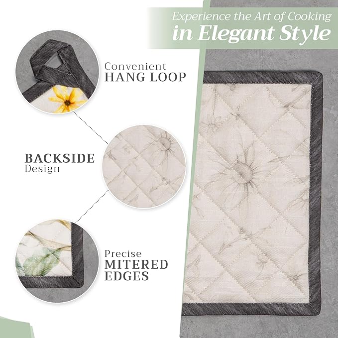 Maison d' Hermine 100% Cotton Oven Mitt & Pot Holder Set (7.5"x13" & 8"x8") Heat Resistant BBQ Cooking Gloves with Loop, Baking, Grilling, Kitchen, Handling Hot Pans Spring/Summer (Candice)