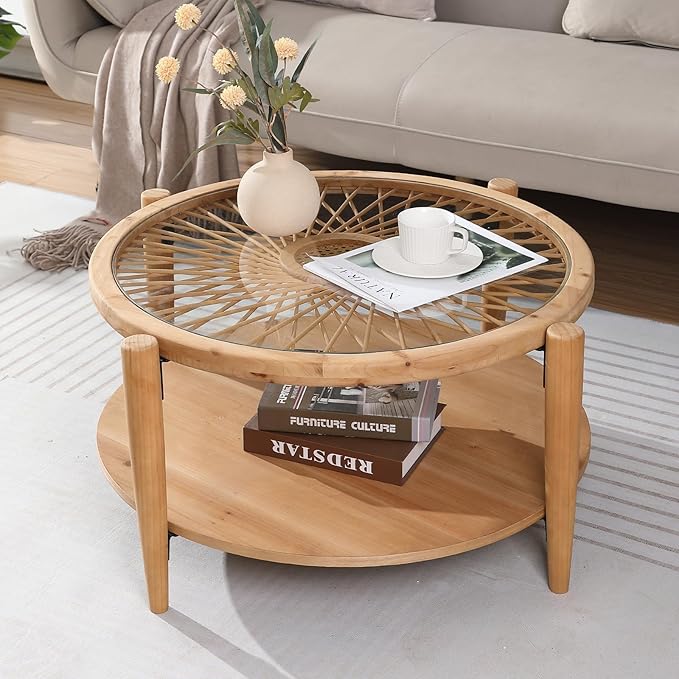 RUSTOWN Rattan Coffee Tables,2-Tier Round Boho Cocktail Tables, Mid Century Modern Coffee Table with Rattan & Tempered Glass Top and Wood Legs, Sofa Table for Living Room(Natural)