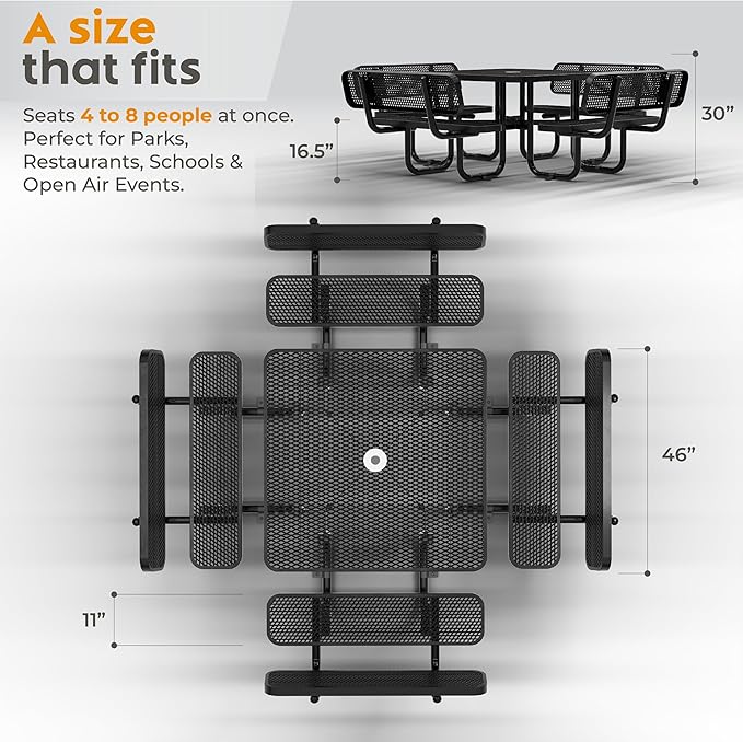 Metal Picnic Tables for Outdoors with Umbrella Hole - Coated Steel Heavy Duty Commercial Grade Furniture with Adjustable Seats (Black, 46 in, Square with Back, Expanded Steel)