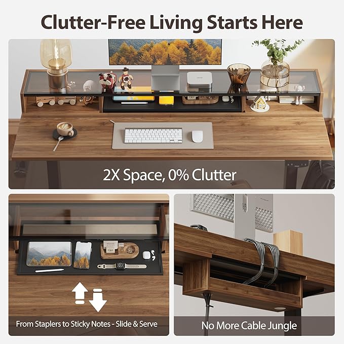 Agilestic Glass Standing Desk with Storage, 48 Inch Electric Adjustable Desk with Glass Shelf and Cable Management, Sit Stand Up Home Office Computer Table, Splice Board, Dark Walnut