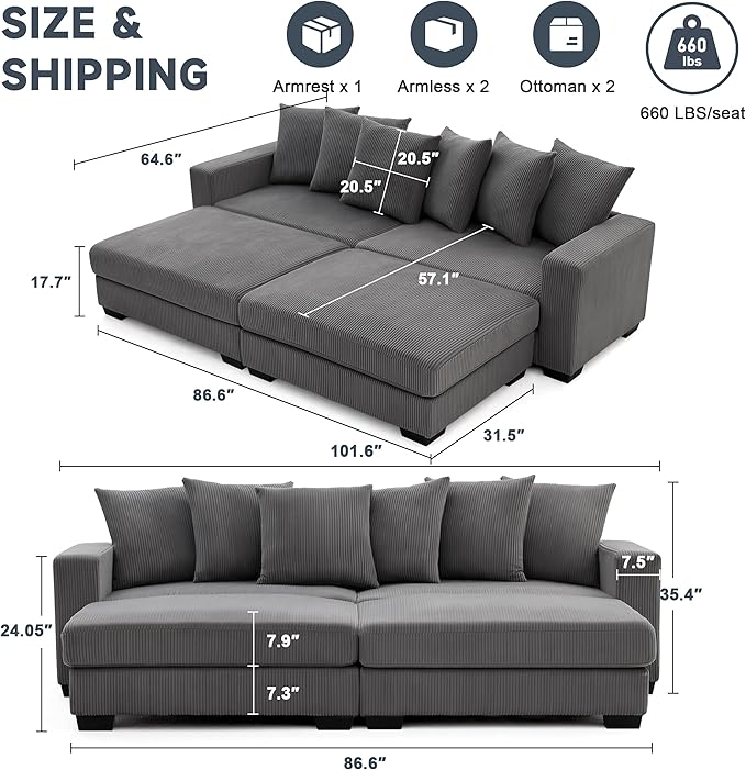 101.6" Deep Seat Corduroy Sectional Couches for Living Room, Comfy Upholstered Modular Sectional Sofa Bed, Cloud Couch with Thickened Cushions Widened Armrests，2 Seats + 2 Ottoman，Dark Grey