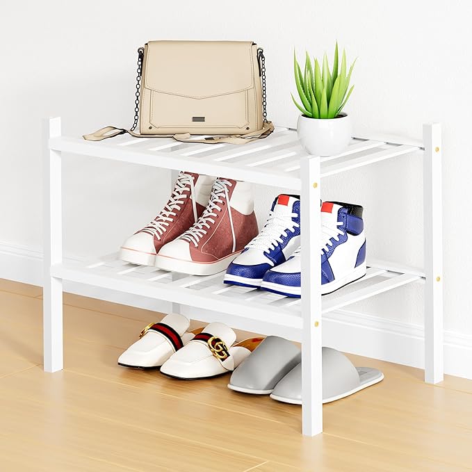 Smiry Shoe Rack, 2 Tier Small Bamboo Shoe Organizer, Stackable Free Standing Wooden Shoe Storage Shelf for Closet, Entryway, Front Door Entrance, White