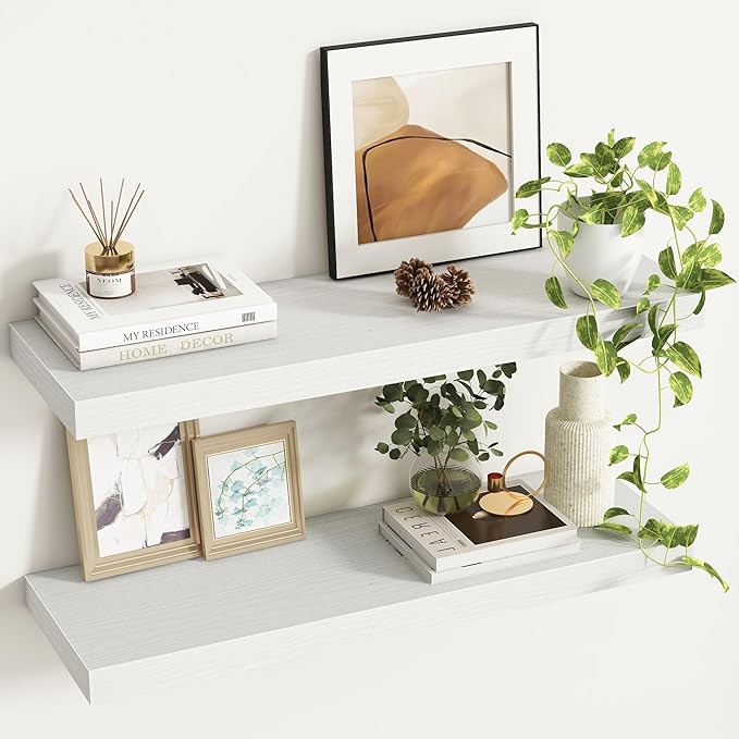 Fun Memories 32Inch Floating Shelves, 9.3Inch Deep Rustic Wall Shelves - Extra Deeper & Thicker Wall Mounted Storage Shelf for Kitchen, Farmhouse - Set of 2 - Rustic White