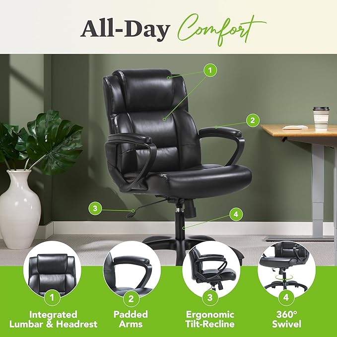 HON Sadie Executive Chair, Leather Ergonomic Office Chair with Adjustable Arms and Back Support, 360 Swivel, Black