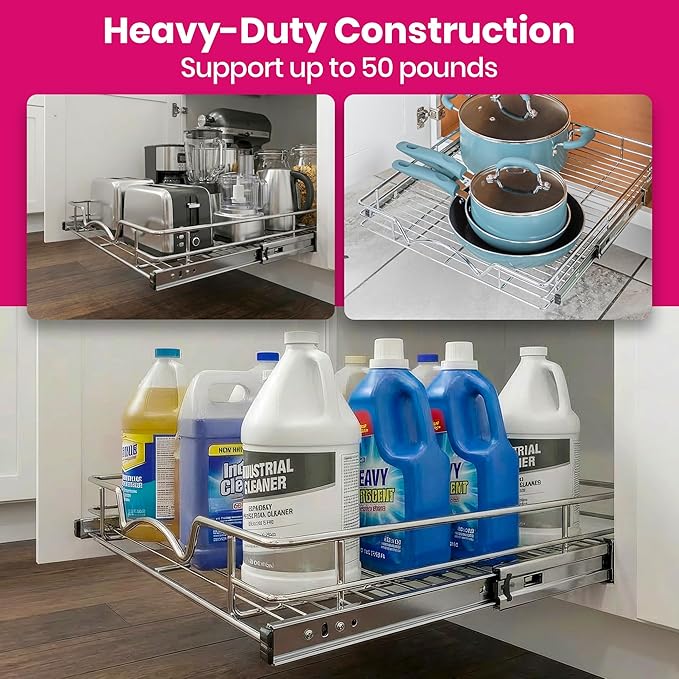 HOLDN’ STORAGE Pull Out Cabinet Organizer, Heavy Duty Caddy w/Lifetime Limited Warranty -30”W x 21”D - Requires At Least 31-1/4” Cabinet Opening, Steel Metal Cabinet Drawers Slide Out, Chrome
