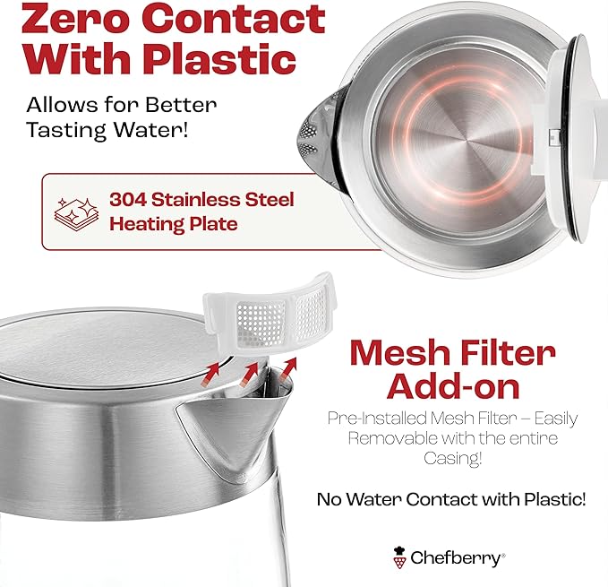 Electric Kettle for Boiling Hot Tea & Water | 1.8L Stainless Steel Borosilicate Glass Boiler With No Plastic, Automatic Shutoff, BPA Free, Fast Heating Technology