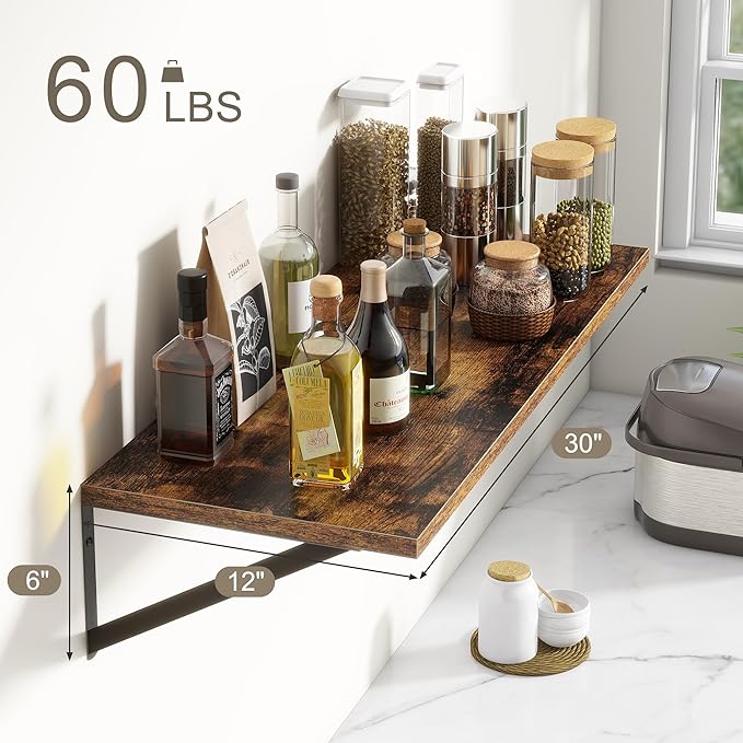 12 Inch Deep Floating Shelves, 30W x 12D Wall Shelves with Brackets, Floating Shelves 30 Inch Long, Rustic Wood Wall Shelf, Wide Storage Display Shelf for Kitchek, Living Room, Bathroom, Rustic Brown