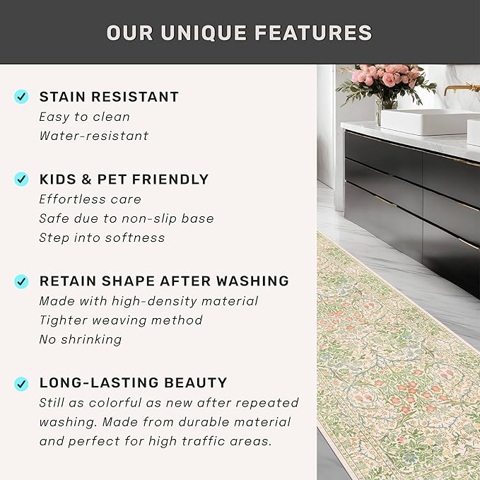 Non Slip Beige Green Bathroom Runner Rug - Long Runner Rugs 24 x 72 Washable Kitchen Floor Mat, Laundry Room Rug, Hallway Runner - Vintage Floral Design Décor (2x6 Beige Green)