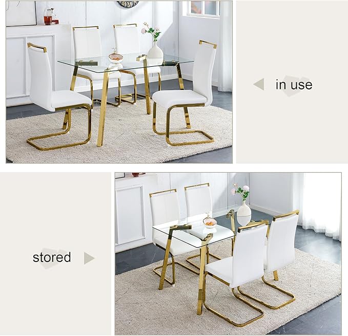 Dining Table Set of 4,51" Rectangle Tempered Glass Table Top with Golden Metal Legs,Kitchen Room Table with 4 White Faux Leather Dining Chairs,Dinner Table for Dining Room Office