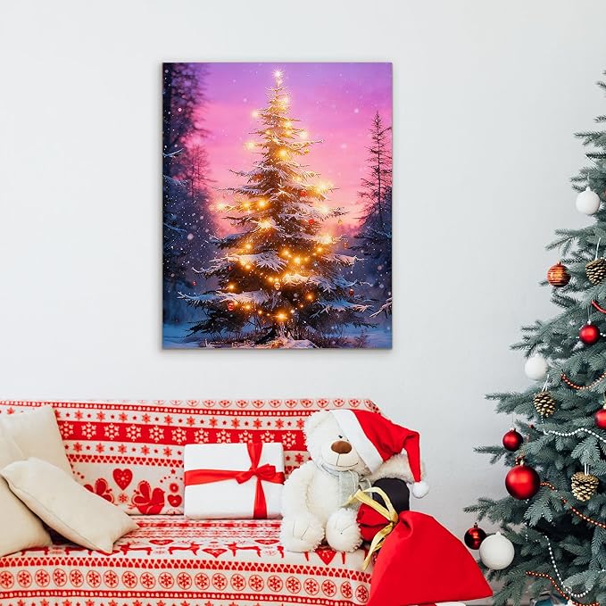 Framed Christmas Pictures Wall Decor,Vintage Pine Tree Prints,Winter Christmas Canvas Wall Art Decoration for Bedroom Bathroom Living Room Rustic Xmas Holiday Gifts (Christmas Tree 18, 11'' X 14'')
