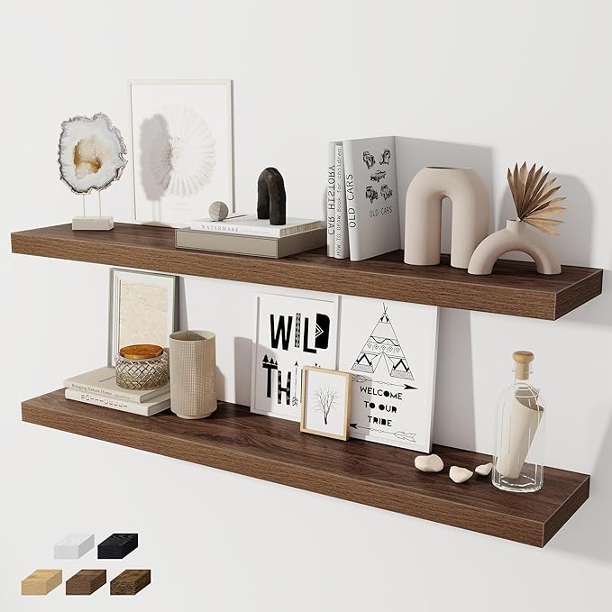 Fun Memories 48 Inch Floating Shelves for Wall 8 Inch Deep Walnut Shelves Set of 2, Wall Mounted Rustic Wood Long Floating Shelf, Large Display & Storage Shelf with Invisible Brackets