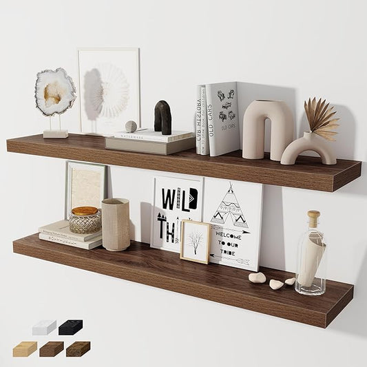 Fun Memories 48 Inch Floating Shelves for Wall 8 Inch Deep Walnut Shelves Set of 2, Wall Mounted Rustic Wood Long Floating Shelf, Large Display & Storage Shelf with Invisible Brackets