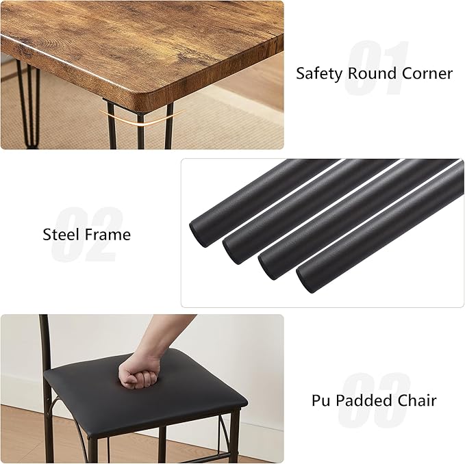 VECELO 3 Piece Dining Table Set for 2, Kitchen Table Set with 2 Chairs for Small Space, Space-Saving and Modern Design, Apartment, Easy to Assemble,Retro Brown