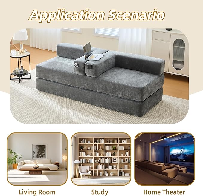 Convertible Floor Sofa Bed with Storage Pocket, Chenille Folding Mattress Sofa with Zipper Closure, Floor Lounge Couch for Living Room, Bedroom, Studio -Gray