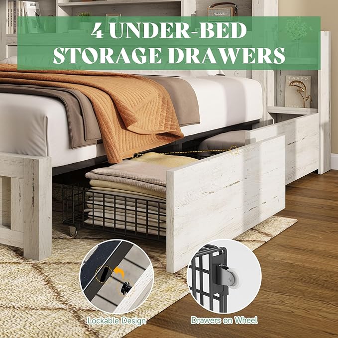 AMERLIFE Full Bed Frame with 4 Storage Drawers, LED Bed Frame with 49.6" Tall Bookcase Headboard, Wood Platform Bed with Charging Station & 2 Slide Bedside Shelf, No Box Spring Needed/Distressed White